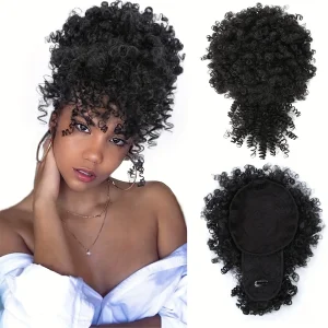 Rabo de Cavalo Rabo de Cavalo Afro Puff com Cordão e Presilha, Fibra Sintética Encaracolada Kinky com Franja, Aplique Curto para Mulheres | Loja dos Cabelos