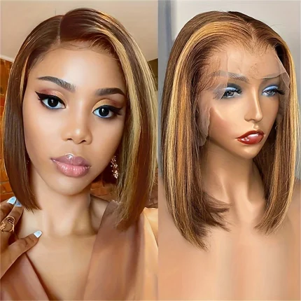 Perucas Peruca Front Lace 13×4 Bob em Cabelo Humano Ombré Loiro Mel (Cor 4/27) com Renda Transparente 10 a 16 Polegadas | Loja dos Cabelos