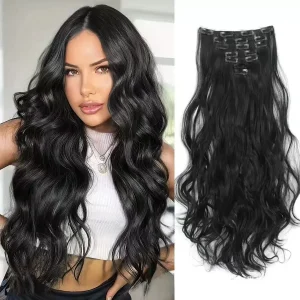 Extensões de cabelo Sintético Extensão de Cabelo Sintético Ondulado Longo Preto com 7 Presilhas – 60 a 71cm, Visual Natural para Uso Diário | Loja dos Cabelos