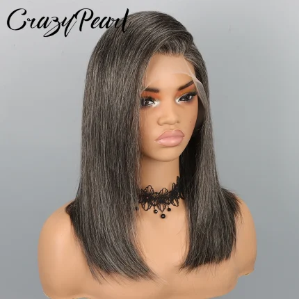 Perucas Peruca Bob de Cabelo Humano Cinza Sal e Pimenta com Lace Frontal 13×4 Lisa e Linha Capilar Natural | Loja dos Cabelos