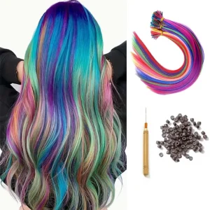 Extensões de cabelo Sintético Kit 10 Mechas Extensão de Cabelo Arco-Íris Sintética 40cm com Micro Rings para Cosplay Feminino | Loja dos Cabelos