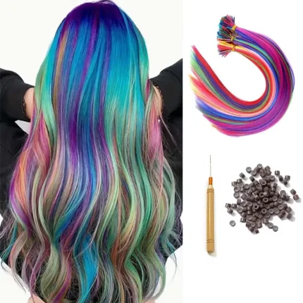 Extensões de cabelo Sintético Kit 10 Mechas Extensão de Cabelo Arco-Íris Sintética 40cm com Micro Rings para Cosplay Feminino | Loja dos Cabelos