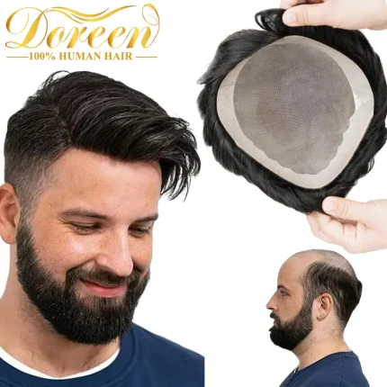 Perucas Peruca Masculina de Cabelo Humano Europeu Preto Natural com Base Mono Fina e Pele PU – Sistema de Prótese Capilar Masculina | Loja dos Cabelos