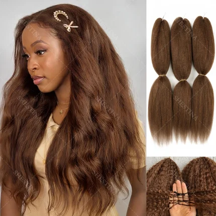 Extensões de cabelo Natural Extensão de Cabelo Humano Kinky Liso Yaki Castanho Chocolate para Crochet Mega Hair 5 Peças 300g Cabeça Inteira | Loja dos Cabelos