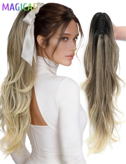 Rabo de Cavalo Aplique Rabo de Cavalo Ondulado 66 cm com Presilha, Fibra Sintética Resistente ao Calor, 180 g, Loiro Ombré T4/12/613 | Loja dos Cabelos