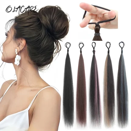Extensões de cabelo Sintético Coque Postiço Sintético Encaracolado com Elástico (Scrunchie) – Aplique de Cabelo com Volume e Franja Falsa para Mulheres | Loja dos Cabelos
