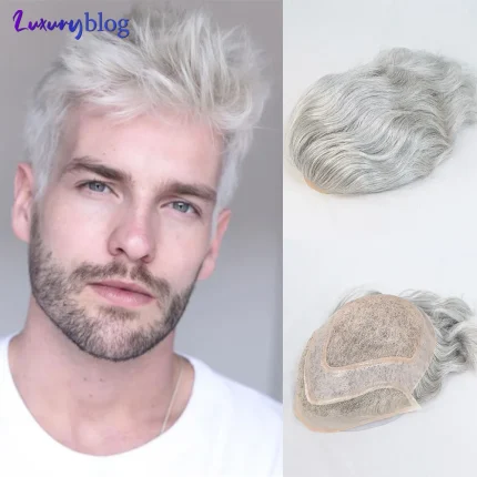 Perucas Peruca Masculina de Cabelo Humano Branco Prateado, Linha Frontal Natural, Próteses Capilares com Ondas, Sistema de Substituição Capilar | Loja dos Cabelos