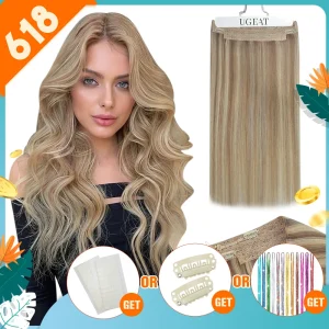 Extensões de cabelo Natural Extensão de Cabelo Humano Loiro Natural com Fio Invisível e Clipe 2 Peças Ugeat | Loja dos Cabelos