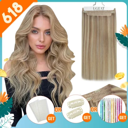 Extensões de cabelo Natural Extensão de Cabelo Humano Loiro Natural com Fio Invisível e Clipe 2 Peças Ugeat | Loja dos Cabelos