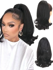 Extensões de cabelo Sintético Extensão de Cabelo Sintético Preto 40cm Estilo Yaki Rabo de Cavalo Liso para Uso Diário e Festas | Loja dos Cabelos