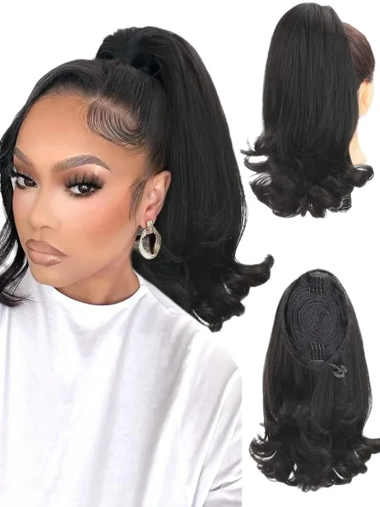 Extensões de cabelo Sintético Extensão de Cabelo Sintético Preto 40cm Estilo Yaki Rabo de Cavalo Liso para Uso Diário e Festas | Loja dos Cabelos