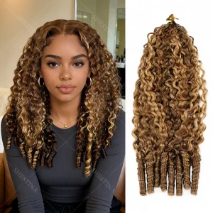Extensões de cabelo Natural Extensões de Cabelo Humano Cacheado Birmanês Sem Nós Cor P4/27 Loiro com Mechas – Pacotes com Efeito Pluma Natural | Loja dos Cabelos