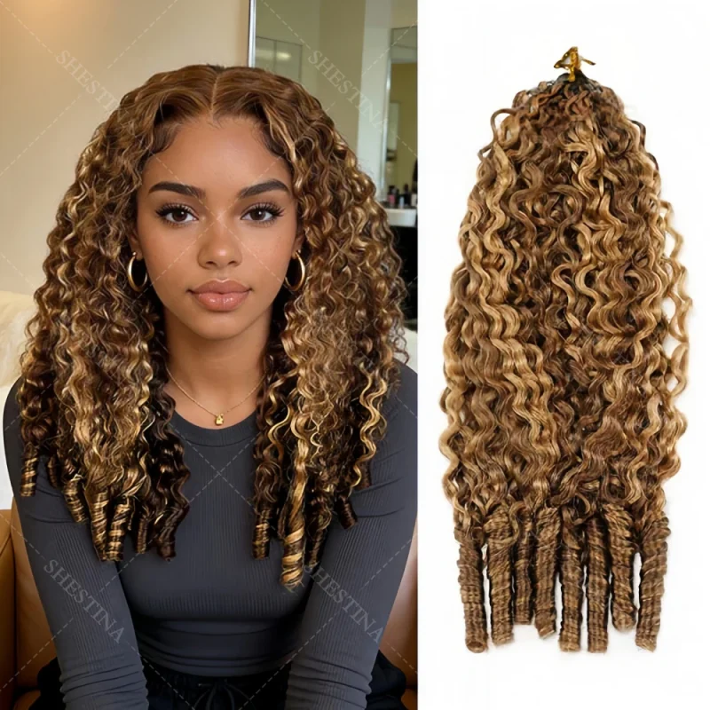 Extensões de cabelo Natural Extensões de Cabelo Humano Cacheado Birmanês Sem Nós Cor P4/27 Loiro com Mechas – Pacotes com Efeito Pluma Natural | Loja dos Cabelos