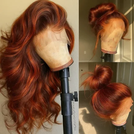 Peruca de Cabelo Humano Ondulado 4/350 com Luzes Ombré Laranja Acobreado e Marrom, Frontal de Renda 13x6 e 13x4 Ondas Naturais