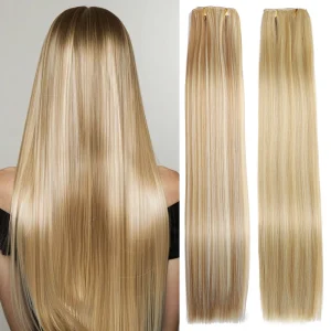 Extensões de cabelo Natural Aplique de Cabelo Sintético Liso Longo 24” com 16 Clips – Fibra Resistente ao Calor, Cor Marrom/Preto, Natural e Macio | Loja dos Cabelos