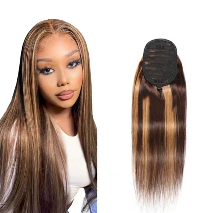 Extensão de Rabo de Cavalo Liso em Cabelo Humano Remy Castanho com Mechas Mel 4/27 e Cordão Ajustável para Mulheres