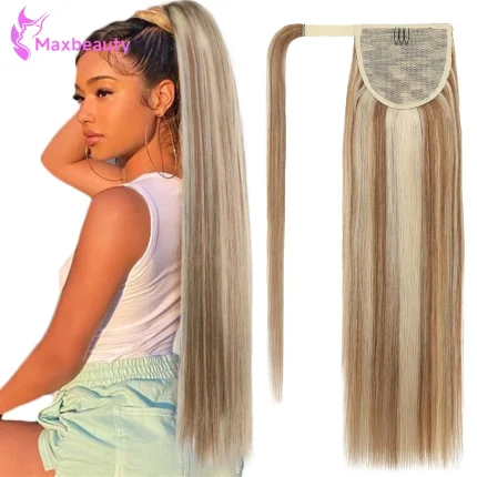 Extensão de Rabo de Cavalo Humano Remy Castanho Acinzentado com Mechas Loiro 8/613 Lisa com Clipe