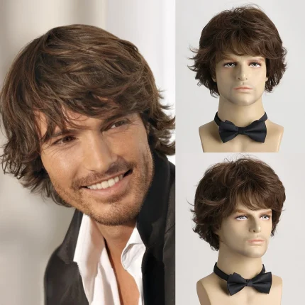 Peruca Masculina Curta Cacheada Tintura Marrom com Franja Natural
