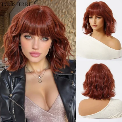 Perucas Peruca Bob Curta Ondulada Vermelha Louis Ferre – Sintética, Cacheada com Franja, Alta Temperatura, para Festa e Cosplay | Loja dos Cabelos
