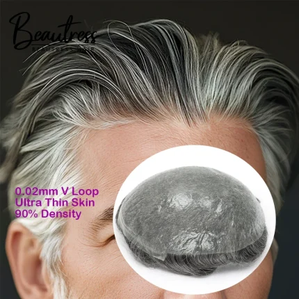 Prótese Capilar Masculina V-Loop em Cabelo Humano com Base Ultrafina 0,02 mm e Aparência Natural 90% a 100% Densidade