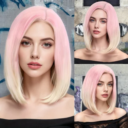 Perucas Peruca Sintética Bob Curto Liso com Ombre Rosa a Loiro e Risca Central – Elegante para Uso Diário e Festas | Loja dos Cabelos