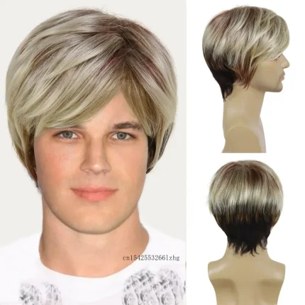 Perucas Peruca Masculina Sintética Curta Lisa em Camadas Loira e Marrom Natural Macia e Respirável para Uso Diário, Cosplay e Festas | Loja dos Cabelos