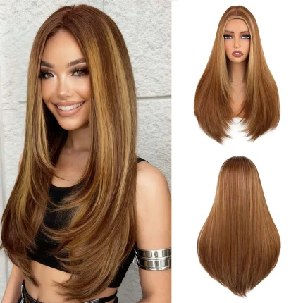 Perucas Peruca Feminina Longa em Camadas Marrom – Cabelo Liso Sintético Resistente ao Calor, Sem Cola, para Uso Diário e Festas | Loja dos Cabelos
