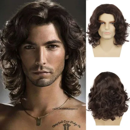 Perucas Peruca Sintética Masculina Longa Cacheada Marrom Natural Leve e Respirável Resistente ao Calor para Uso Diário e Cosplay | Loja dos Cabelos