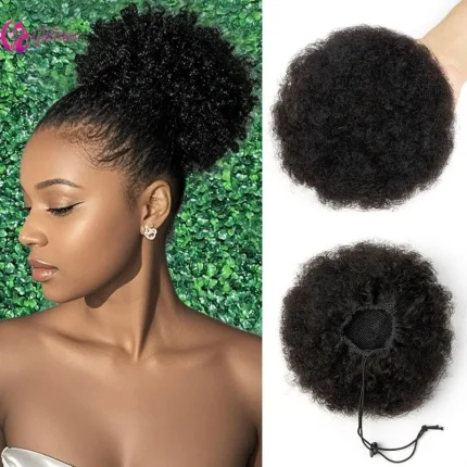 Extensões de cabelo Natural Aplique Afro Puff em Cabelo Humano Brasileiro Virgem Cacheado 8 Polegadas com Cordão para Mulheres | Loja dos Cabelos