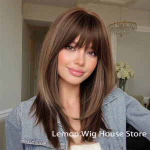 Perucas Peruca Sintética Marrom Quente com Franja, Cabelo Liso Médio-Longo em Camadas, Visual Natural e Resistente ao Calor para Uso Diário e Festas | Loja dos Cabelos