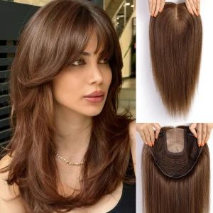 Perucas Topper de Cabelo Humano Castanho Escuro 9×9 com Base Grande e Presilhas Antiderrapantes – 16 Polegadas para Mulheres | Loja dos Cabelos