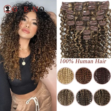 Extensões de cabelo Natural Extensão de Cabelo Humano Cacheado Crespo com Presilha – 10 Peças Remy 140-160g Castanho Acaju com Loiro Bronzeado para Cabeça Completa | Loja dos Cabelos