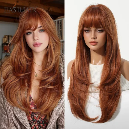 Perucas Peruca Sintética Longa Lisa em Camadas com Franja – Tons Vermelho/Mogno/Gengibre Cobre, Efeito Natural, Ideal para Uso Diário | Loja dos Cabelos