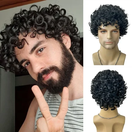 Perucas Peruca Masculina Afro Curta Encaracolada Sintética Natural em Camadas para Cosplay e Fantasia | Loja dos Cabelos