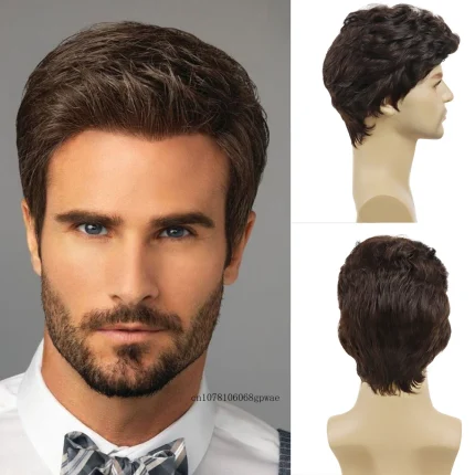 Peruca Masculina Curta Tintura Marrom Lisa Resistente ao Calor Natural
