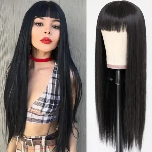 Perucas Peruca Longa Lisa Preta 26 Polegadas – Sintética, Alta Temperatura, Perfeita para Cosplay, Festa e Dia a Dia | Loja dos Cabelos