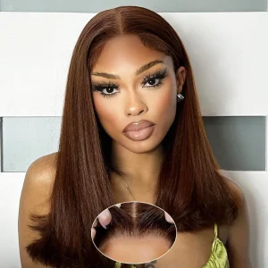 Perucas Peruca Bob Curta de Cabelo Humano Liso Marrom Chocolate 180% Densidade com Frontal de Renda 13×4 Pré-Alinhada | Loja dos Cabelos