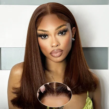 Perucas Peruca Bob Curta de Cabelo Humano Liso Marrom Chocolate 180% Densidade com Frontal de Renda 13×4 Pré-Alinhada | Loja dos Cabelos
