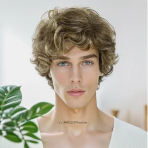 Perucas Peruca Masculina Sintética Curta Cacheada Ondulada Marrom Ombré com Franja Natural Resistente ao Calor para Uso Diário e Festas | Loja dos Cabelos