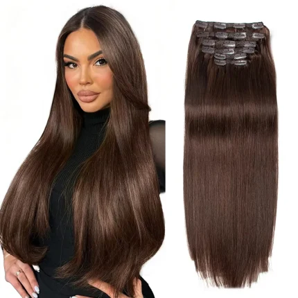 Extensões de cabelo Natural Extensão de Cabelo Humano Castanho Escuro com Clips Invisíveis – Mega Volume Sem Emenda 6 Peças para Cabelo Grosso | Loja dos Cabelos