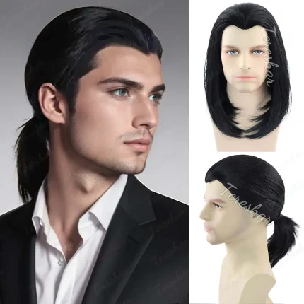 Peruca Masculina Sintética Curta Preta Lisa Estilo Vintage Anos 70 e 80 para Cosplay, Festa e Halloween