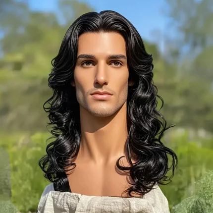Peruca Masculina Sintética Preta Cacheada com Aparência Natural Leve e Respirável para Uso Diário e Festas