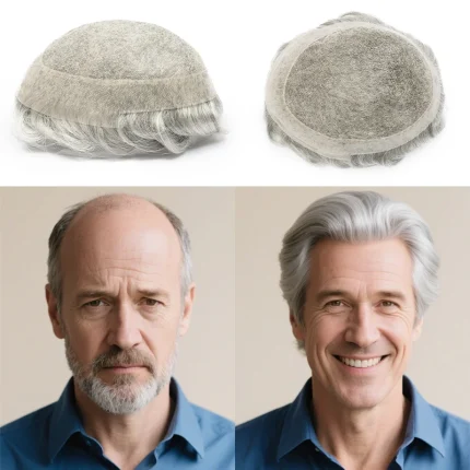 Prótese Capilar Masculina Cinza com Nós Duplos e Base PU com Renda Respirável – Sistema Capilar Natural Masculino