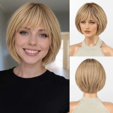 Perucas Peruca Bob Curta de Cabelo Humano Loiro Mel com Mechas Douradas e Franja sem Cola Natural para Uso Diário | Loja dos Cabelos