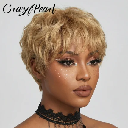 Peruca Curta de Cabelo Humano Castanho Claro Corte Pixie – Loures