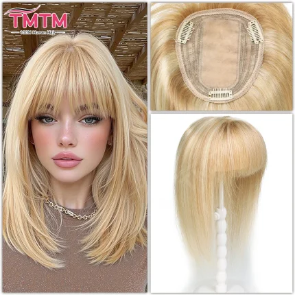 Topper de Cabelo Humano Loiro Liso com Base de Seda e Franja – Leiria