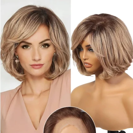 Peruca Cabelo Humano Remy Bob Curta Ondulada Cinza Marrom – Amarante
