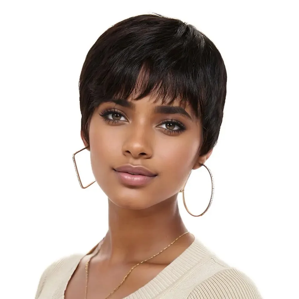 Peruca Pixie Curta Feminina Cabelo Humano Brasileiro Preto com Franja
