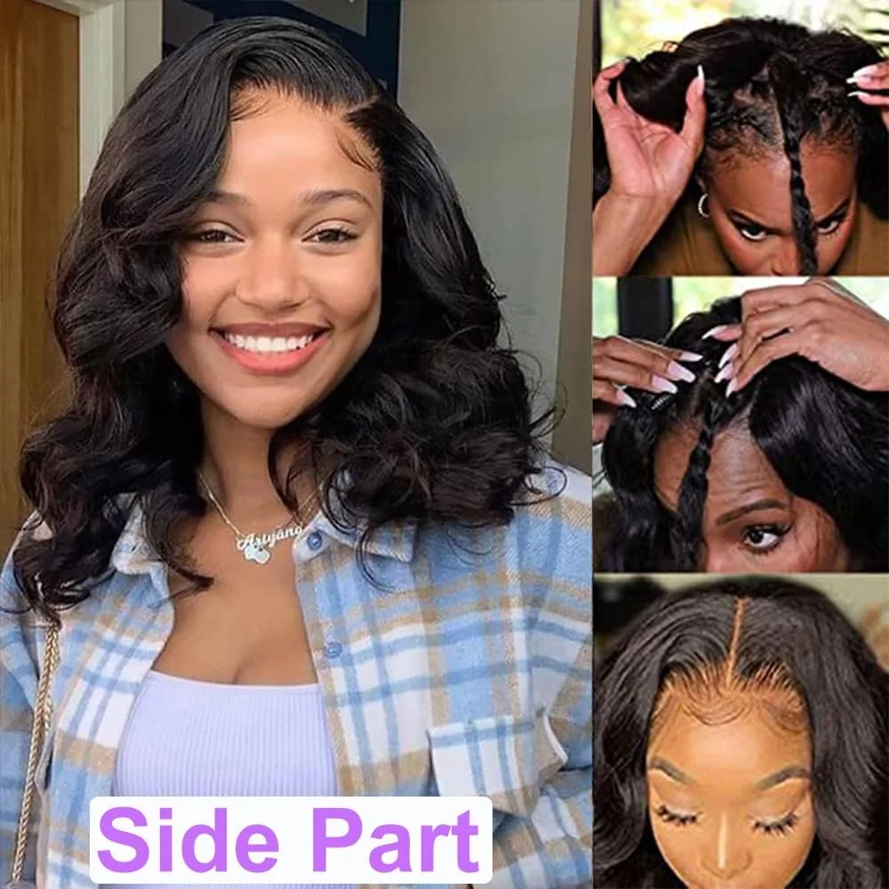 Peruca Bob de Cabelo Humano Ondulado com Abertura em V, Sem Cola