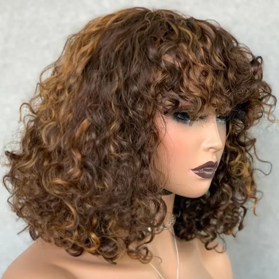 Peruca Feminina Cabelo Humano Curto Cacheado Loiro com Franja